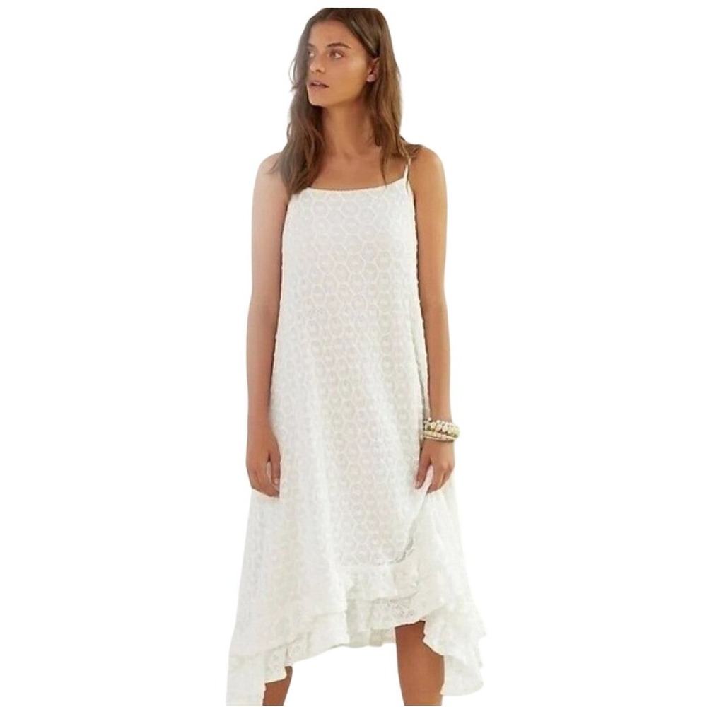 Anthropologie Womens Large Petite‎ Crochet Lace Ruffle Midi Dress White